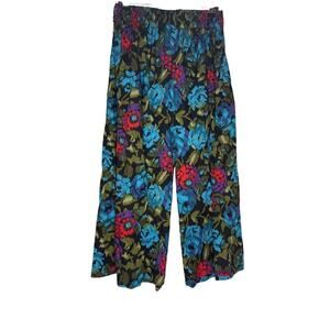 VTG Laurissa Black Turquoise Floral Wide Leg Cropped Culottes Women's Size Small